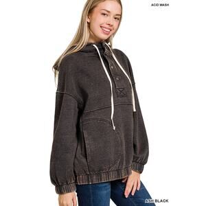 Zenana Womens Acid Ash Black Fleece Pullover Winter Sweater Hoodie  Pockets